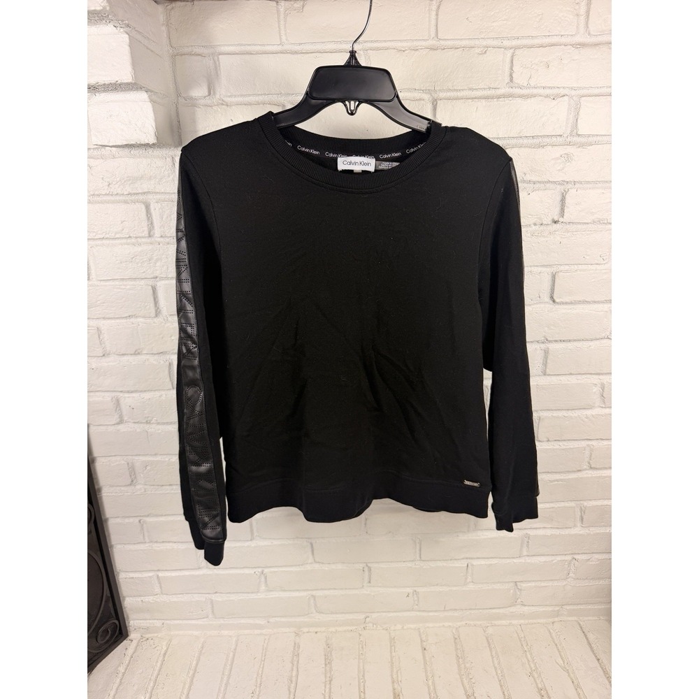 Calvin Klein Womens M Black Crewneck Sweatshirt Perforated Logo Sleeve